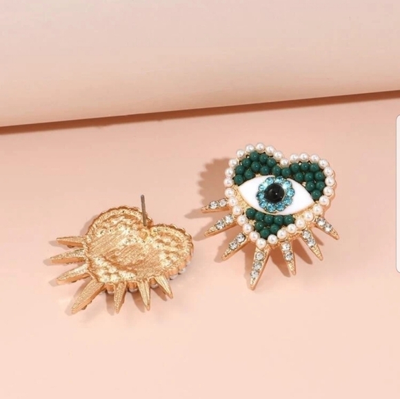 NEW Faux Pearl and Rhinestone Heart DARK GREEN Eye 🧿 earrings for GOOD - Picture 3 of 3